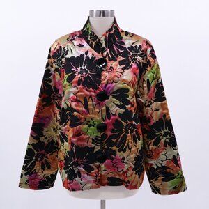 Caroline Rose Jacket Womens XL Evening Floral Shine Black Yellow Orange Pink